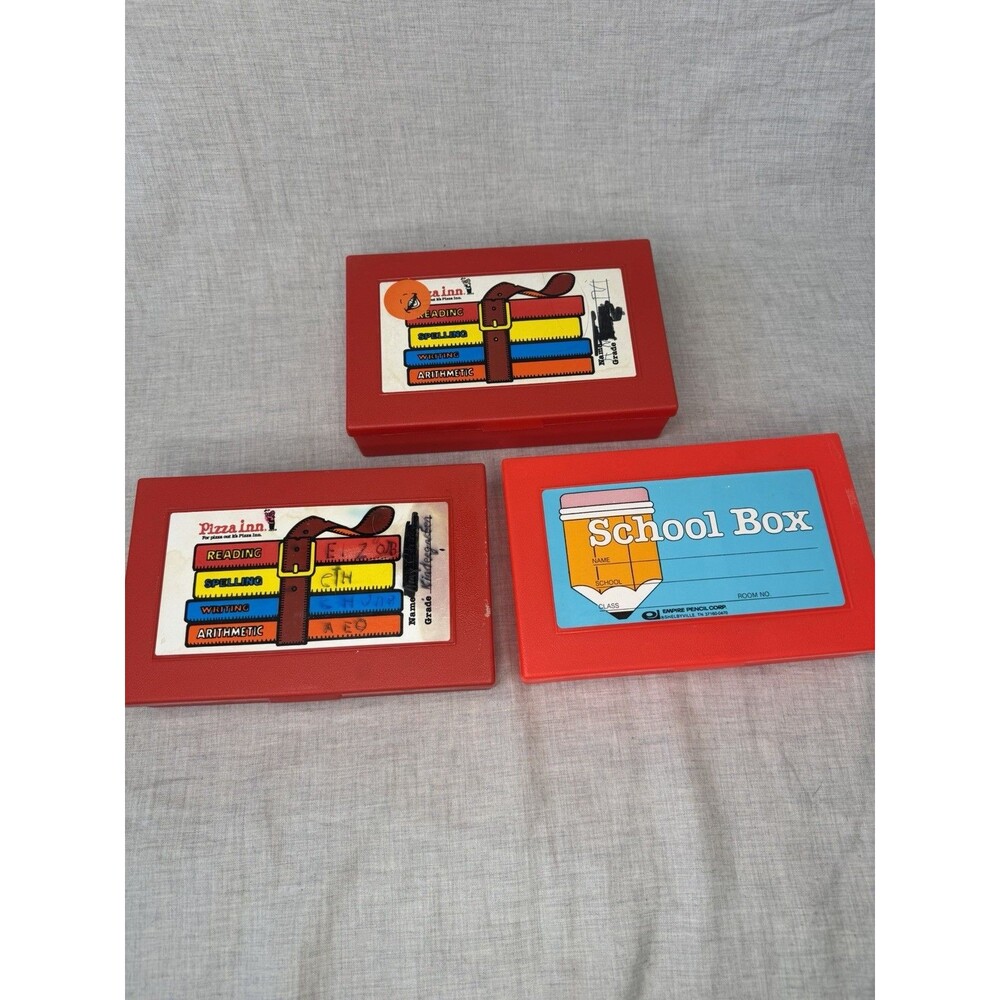 Vintage 80s Empire Pencil Corp School Box Kids Red Plastic Pencil Case Pizza Inn